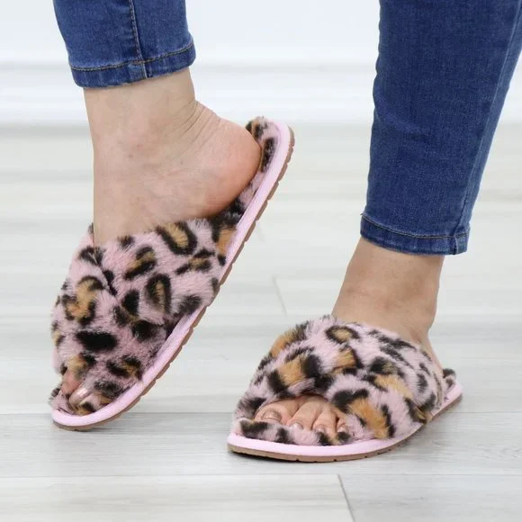 Cross Strap Leopard Blush Pink Puff Fuzzy Fluffy Slip On Plush Slippers - Picture 12 of 13
